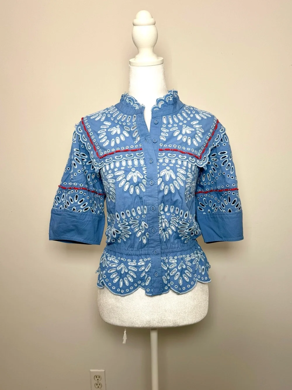 Anthropologie Coastal Scalloped Peplum Eyelet Blouse NWT Medium Blue